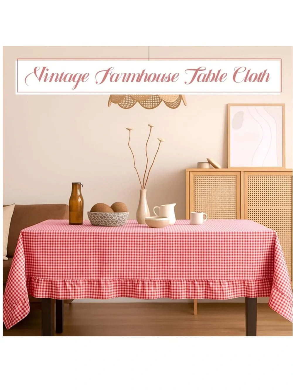 Vintage Farmhouse Tablecloth RECTANGULAR 60x120” RED & WHITE GINGHAM